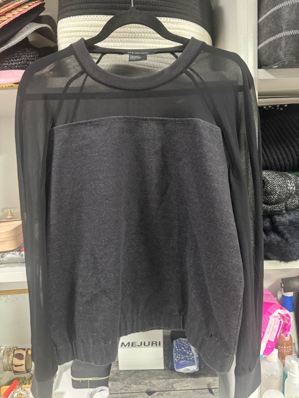 A|X Armani Exchange Black Sheer Mesh Shimmer Top Size M - Picture 4 of 6